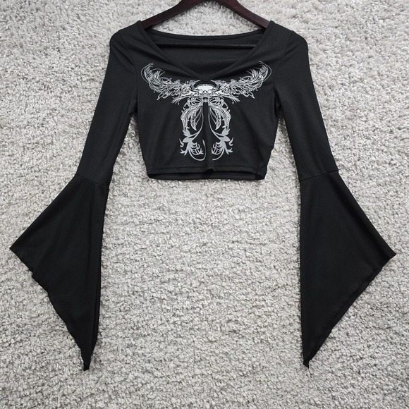 Romwe Shirt Womens Small Black Butterfly Flounce Sleeve Fairy Grunge Gothic Punk - Picture 1 of 10